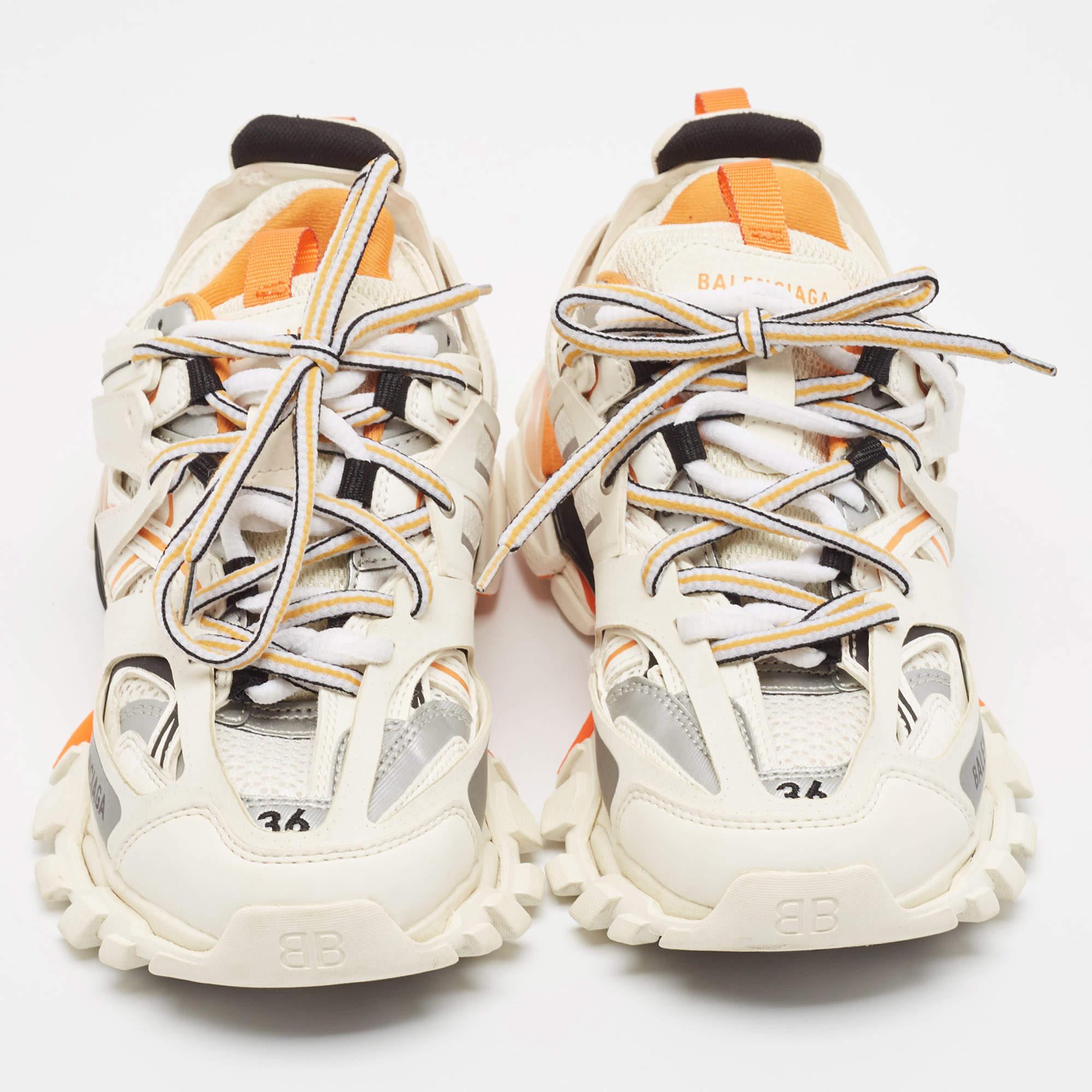 Beige Balenciaga White/Orange Leather and Mesh Track Low Top Sneakers Size 36