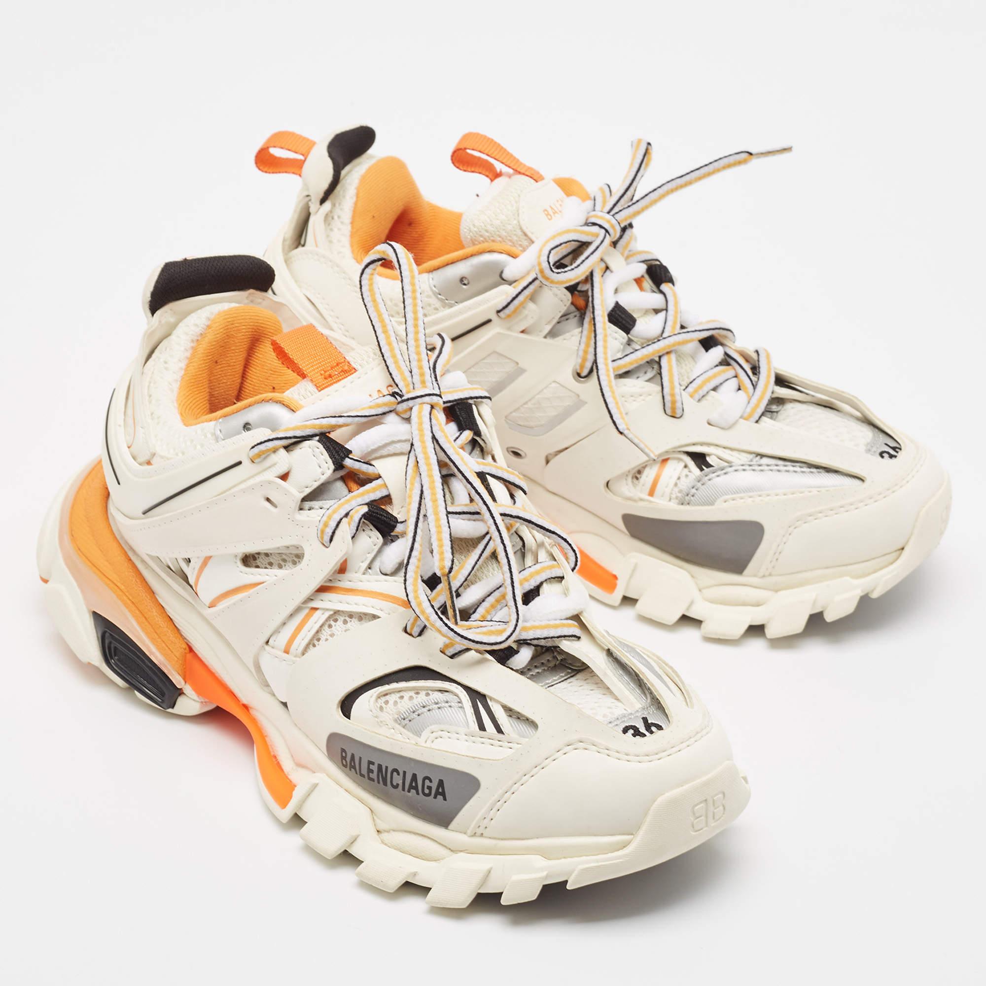 Balenciaga White/Orange Leather and Mesh Track Low Top Sneakers Size 36 In Excellent Condition In Dubai, Al Qouz 2