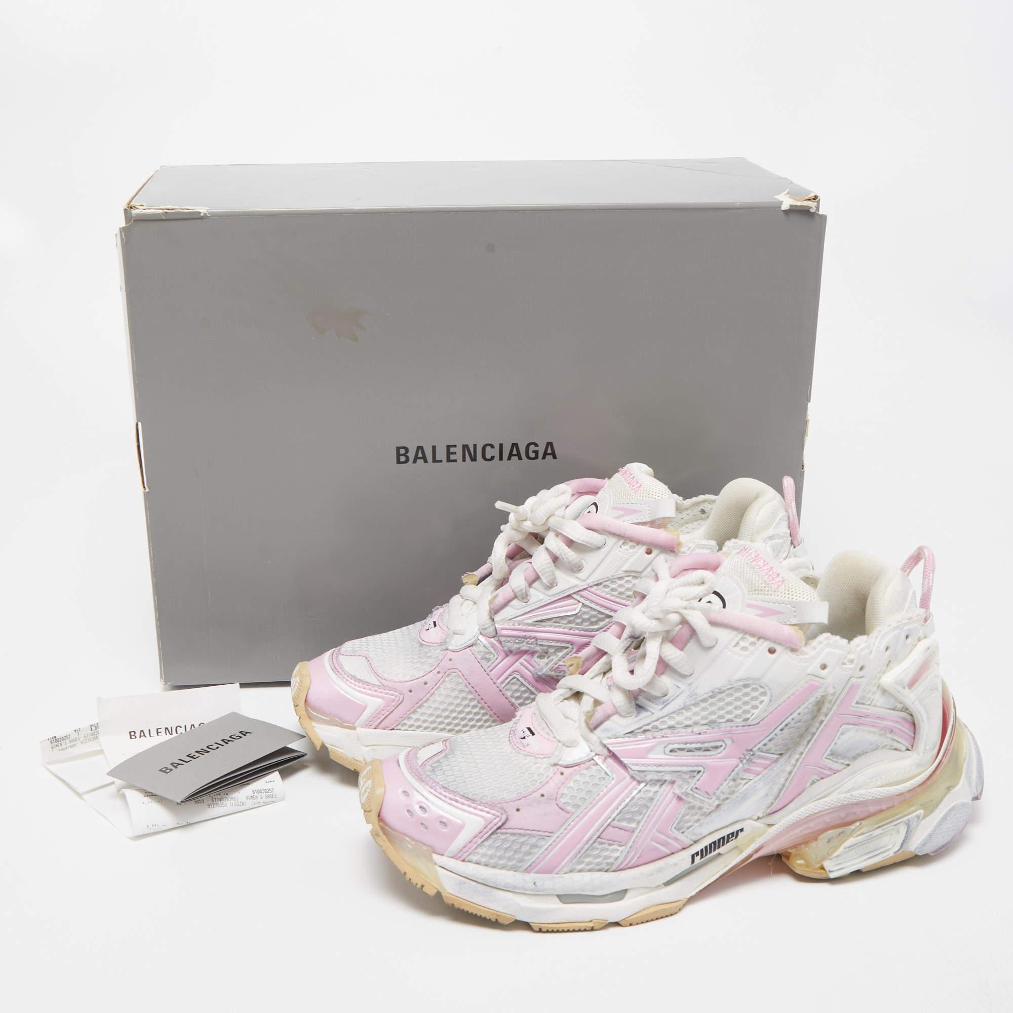 Balenciaga White/Pink Fabric and Leather Runner Sneakers Size 40 2
