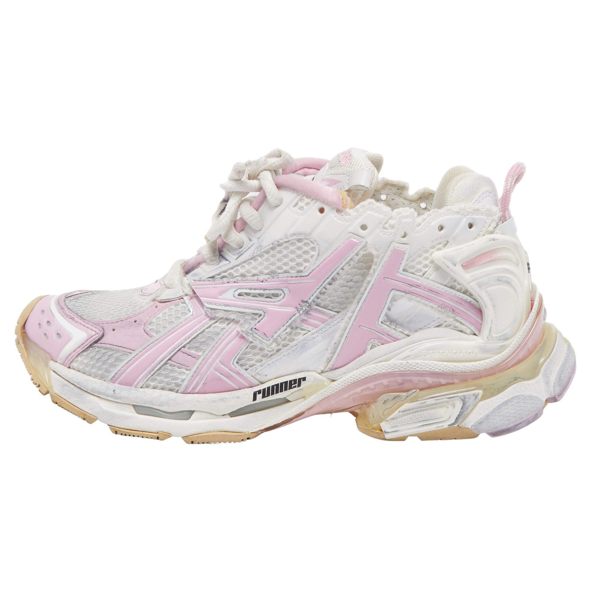 Balenciaga White/Pink Fabric and Leather Runner Sneakers Size 40