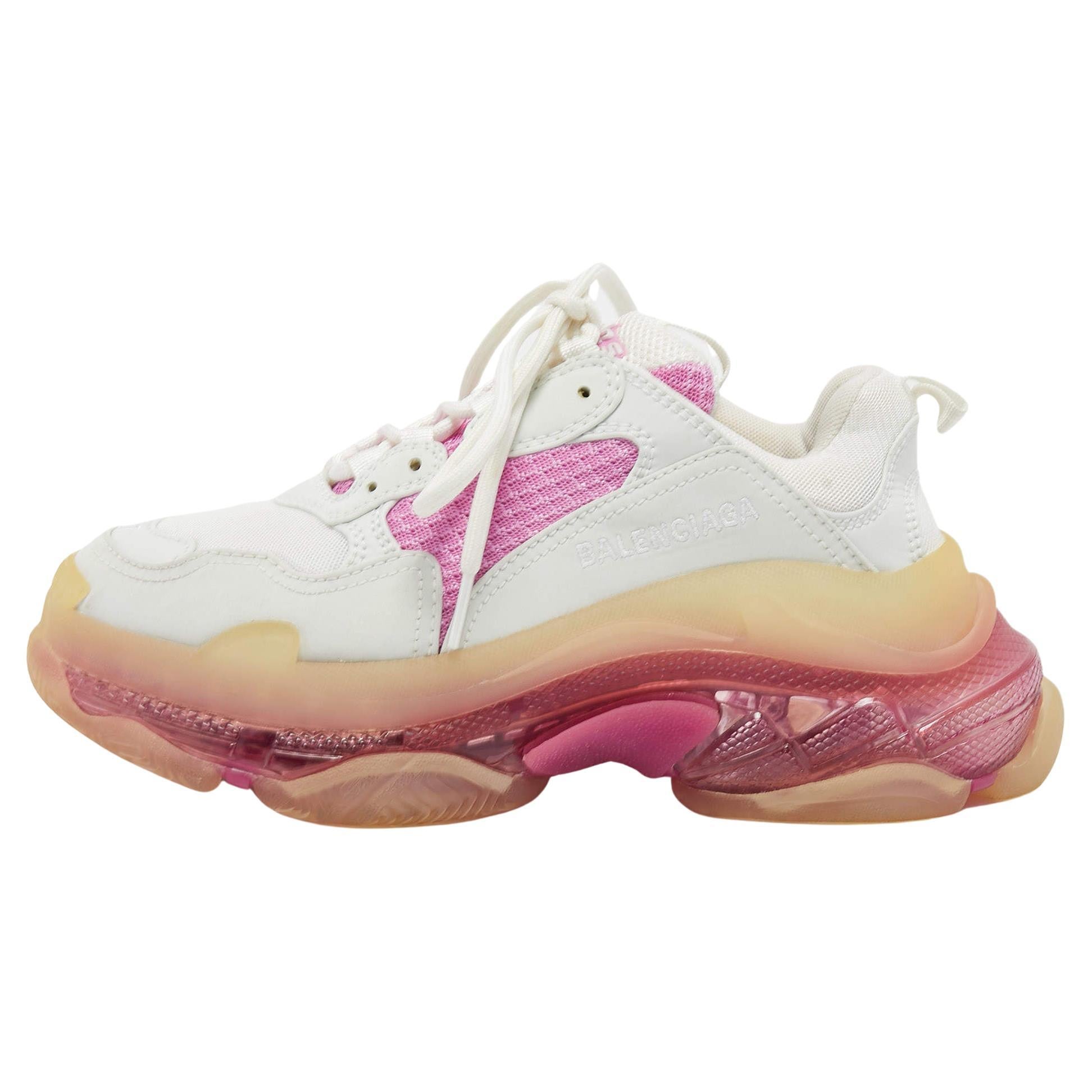 Balenciaga White Pink Leather and Mesh Triple S Clear Sneakers