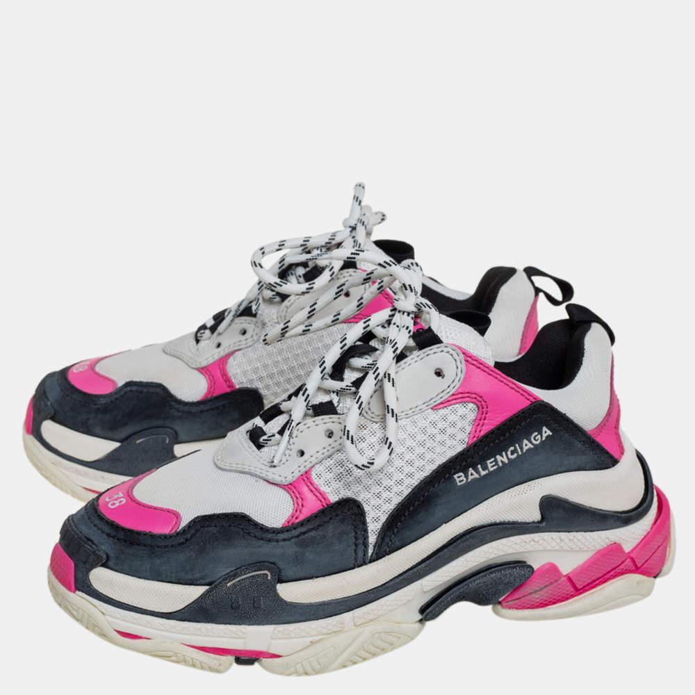 Gray Balenciaga White/Pink Leather And Mesh Triple S Platform Sneakers Size 38 For Sale