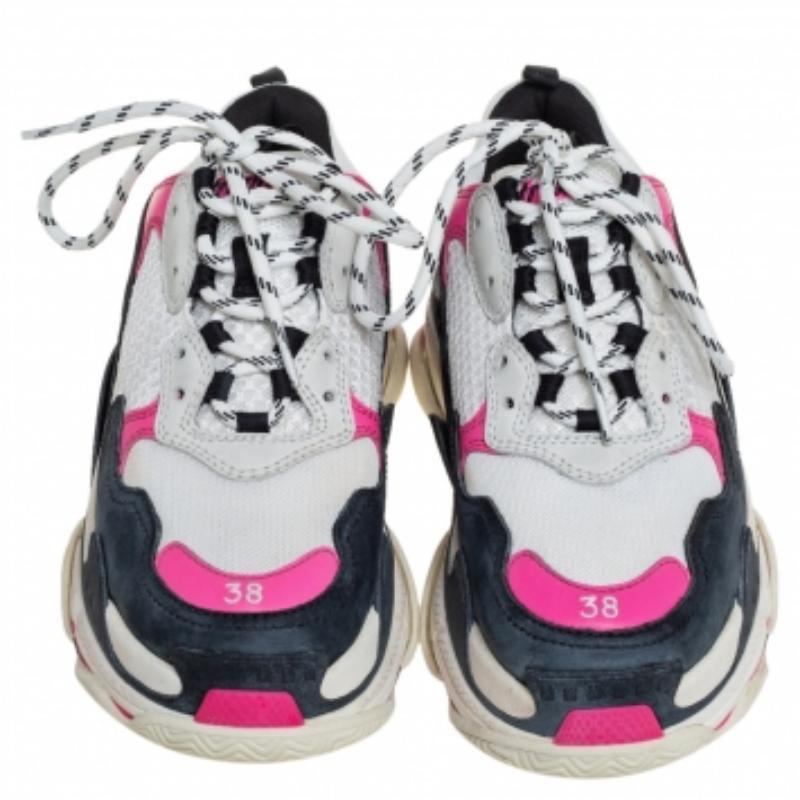 Women's Balenciaga White/Pink Leather and Mesh Triple S Platform Sneakers Size 38 For Sale