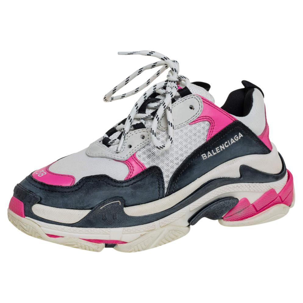 Balenciaga White/Pink Leather And Mesh Triple S Platform Sneakers Size 38 For Sale
