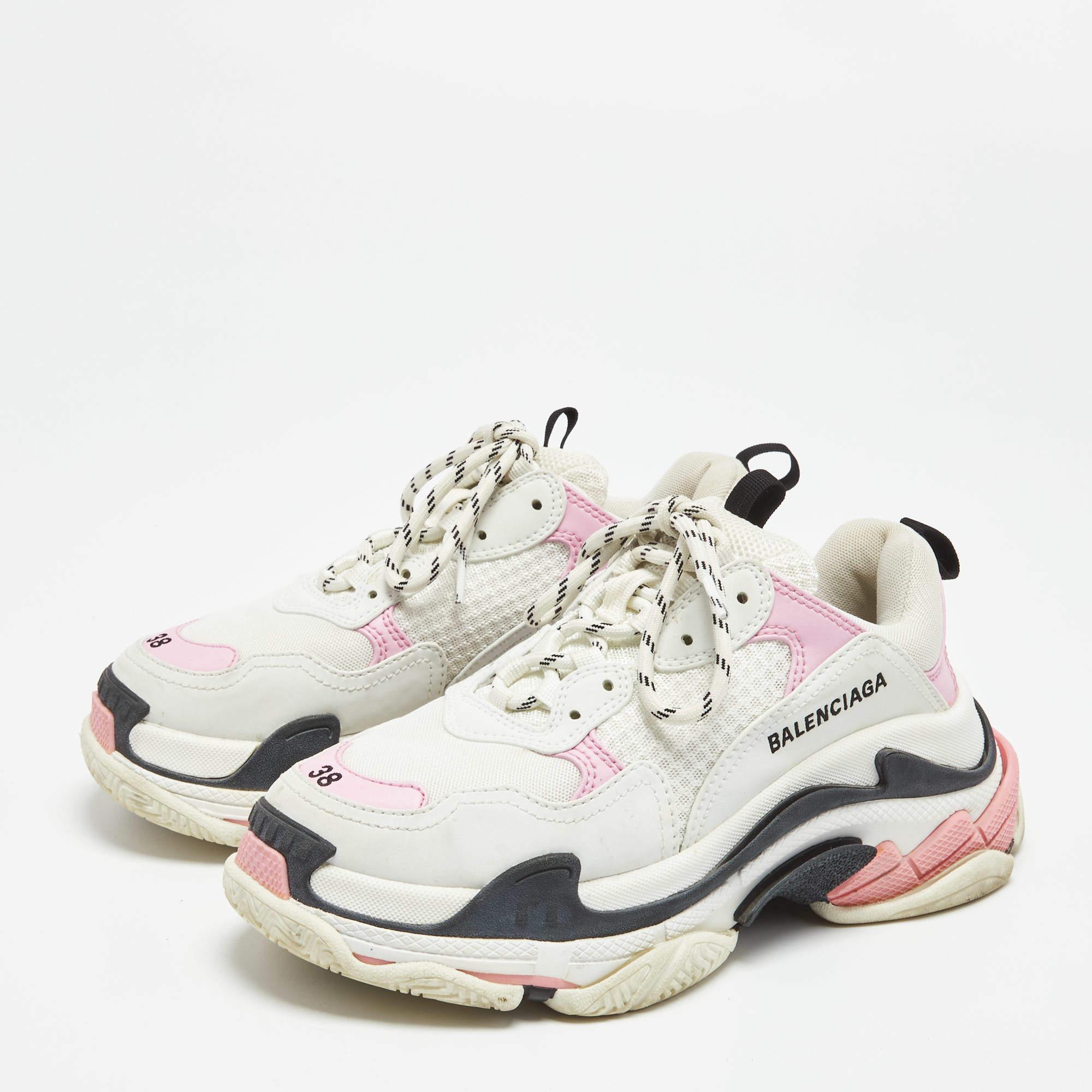Women's Balenciaga White/Pink Leather and Mesh Triple S Sneakers Size 38