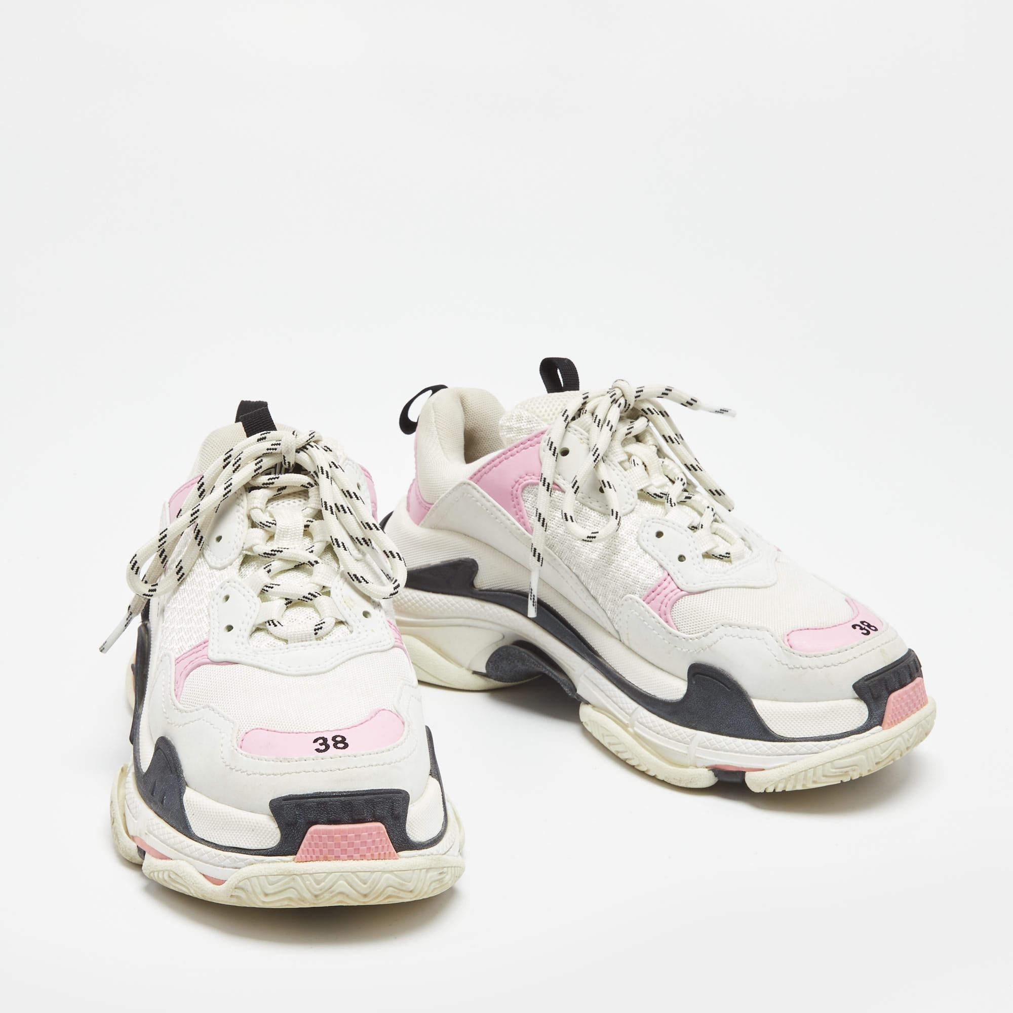 Balenciaga White/Pink Leather and Mesh Triple S Sneakers Size 38 1