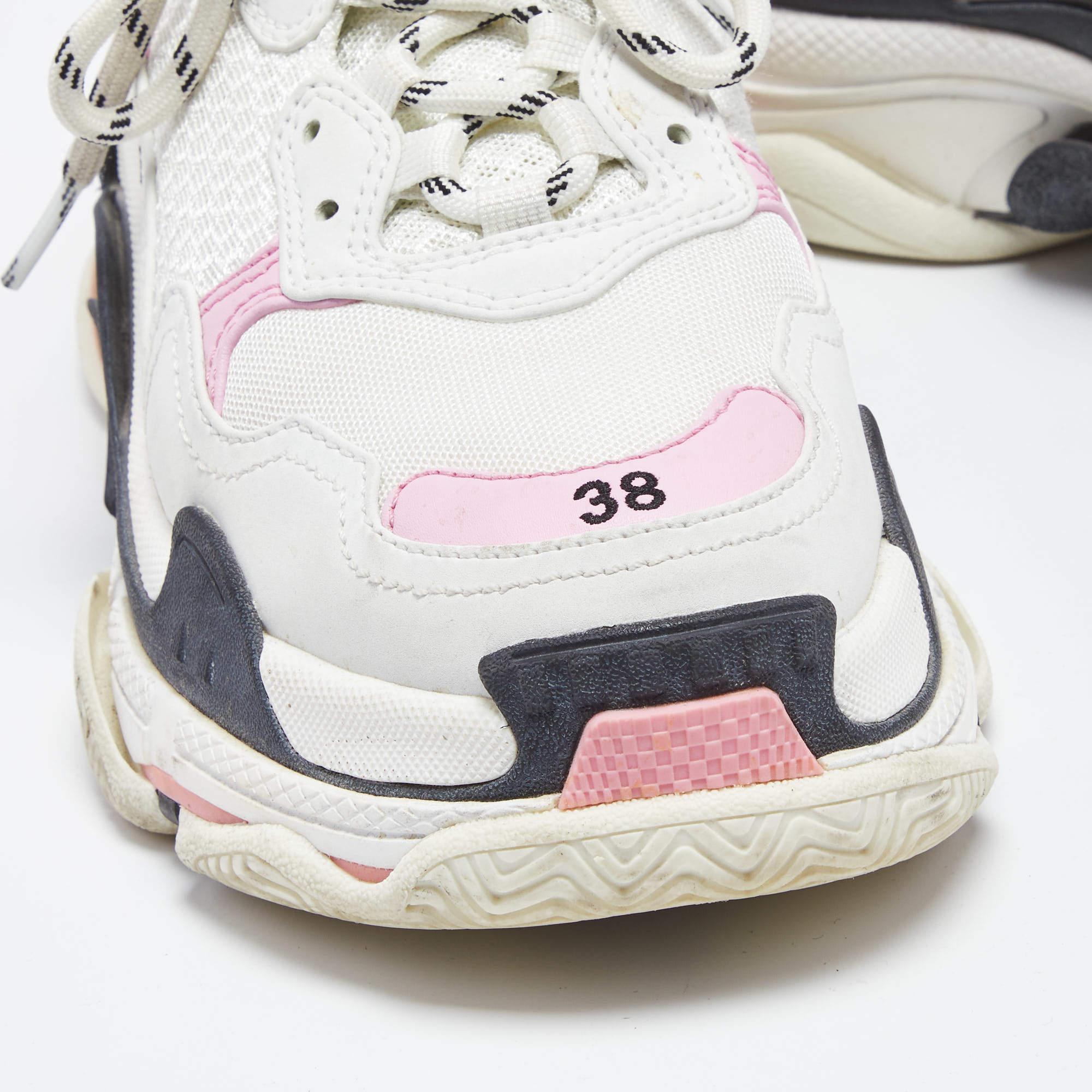 Balenciaga White/Pink Leather and Mesh Triple S Sneakers Size 38 2