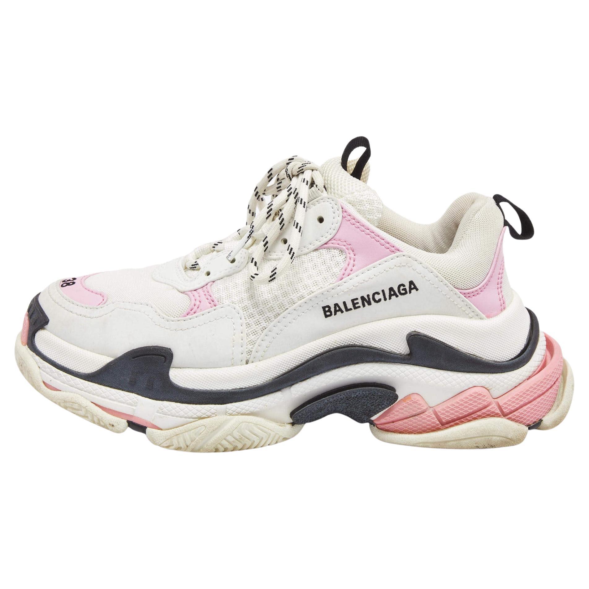 Balenciaga White/Pink and Mesh Triple S Sneakers Size 38 For Sale at 1stDibs