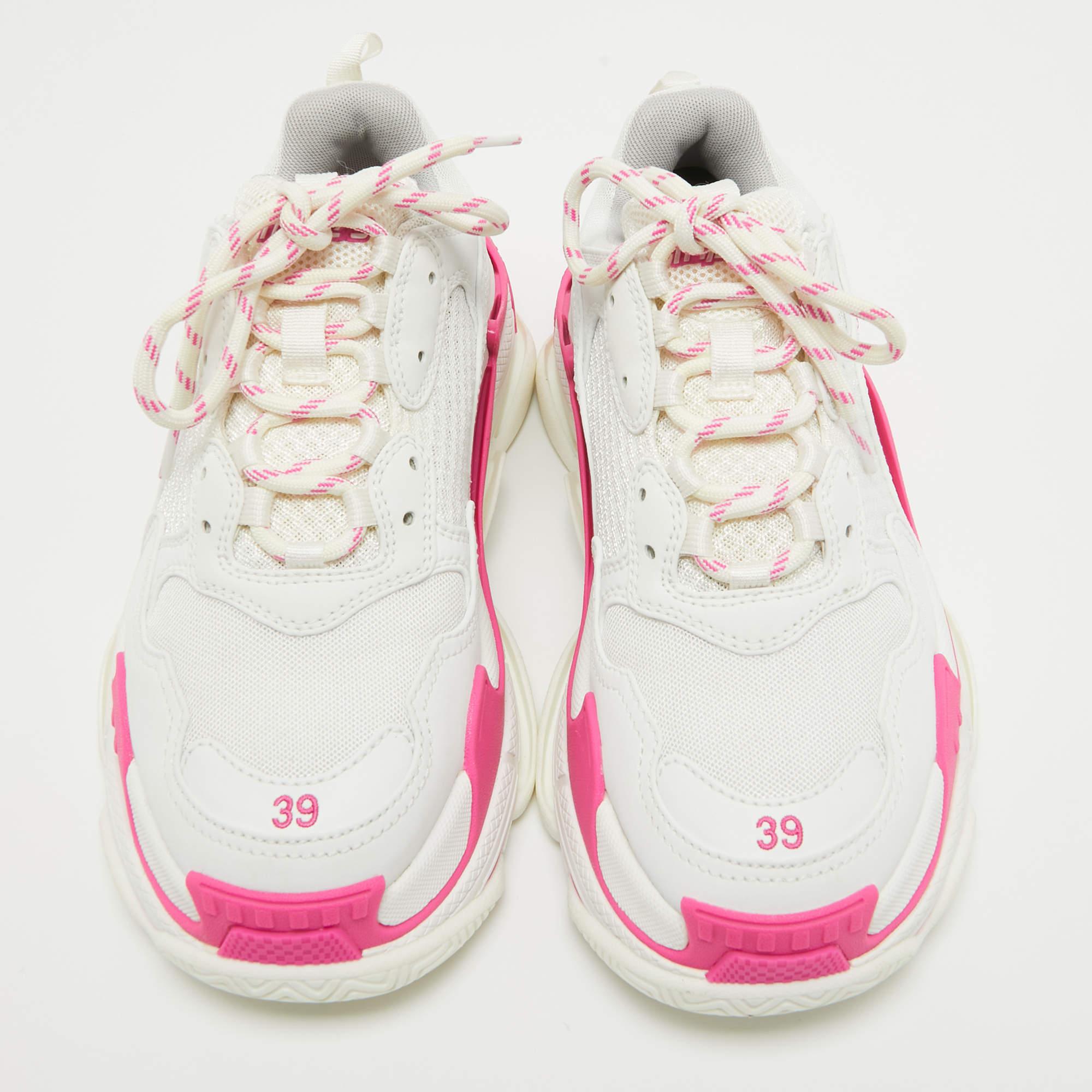 Balenciaga White/Pink Leather and Mesh Triple S Sneakers Size 39 1
