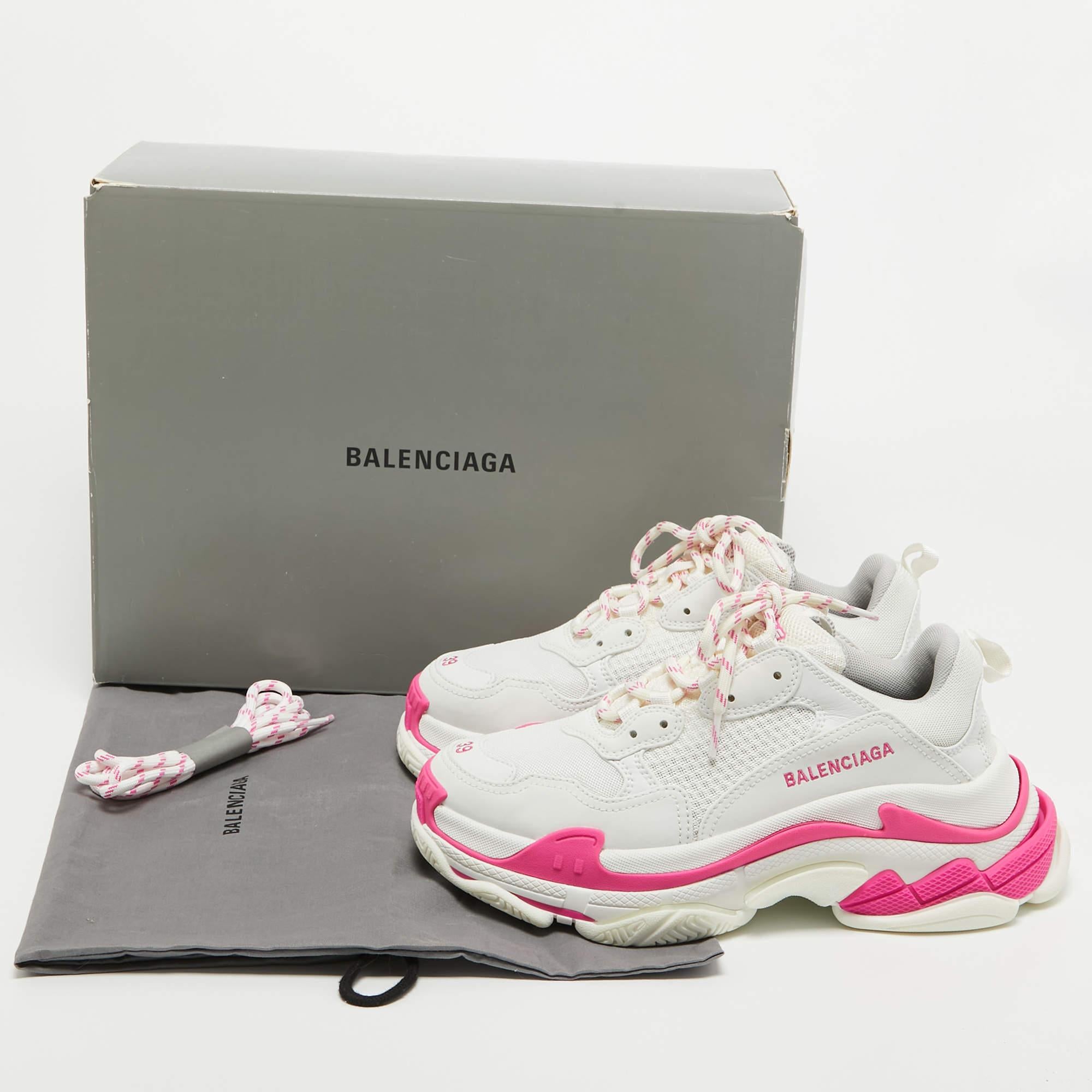 Balenciaga White/Pink Leather and Mesh Triple S Sneakers Size 39 5