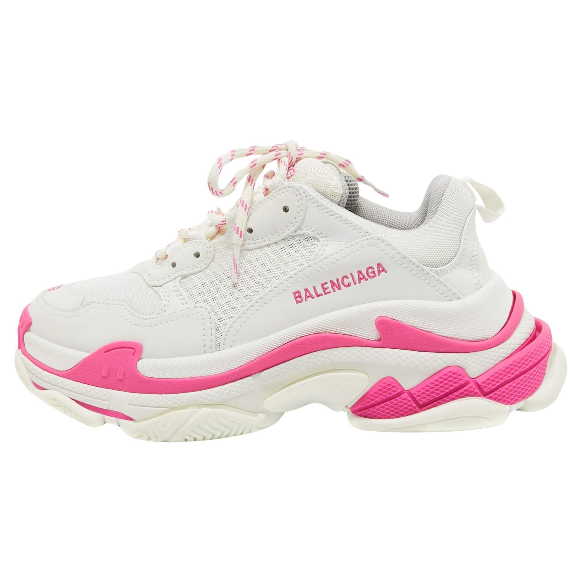 Balenciaga White/Pink Leather and Mesh Triple S Sneakers Size 39