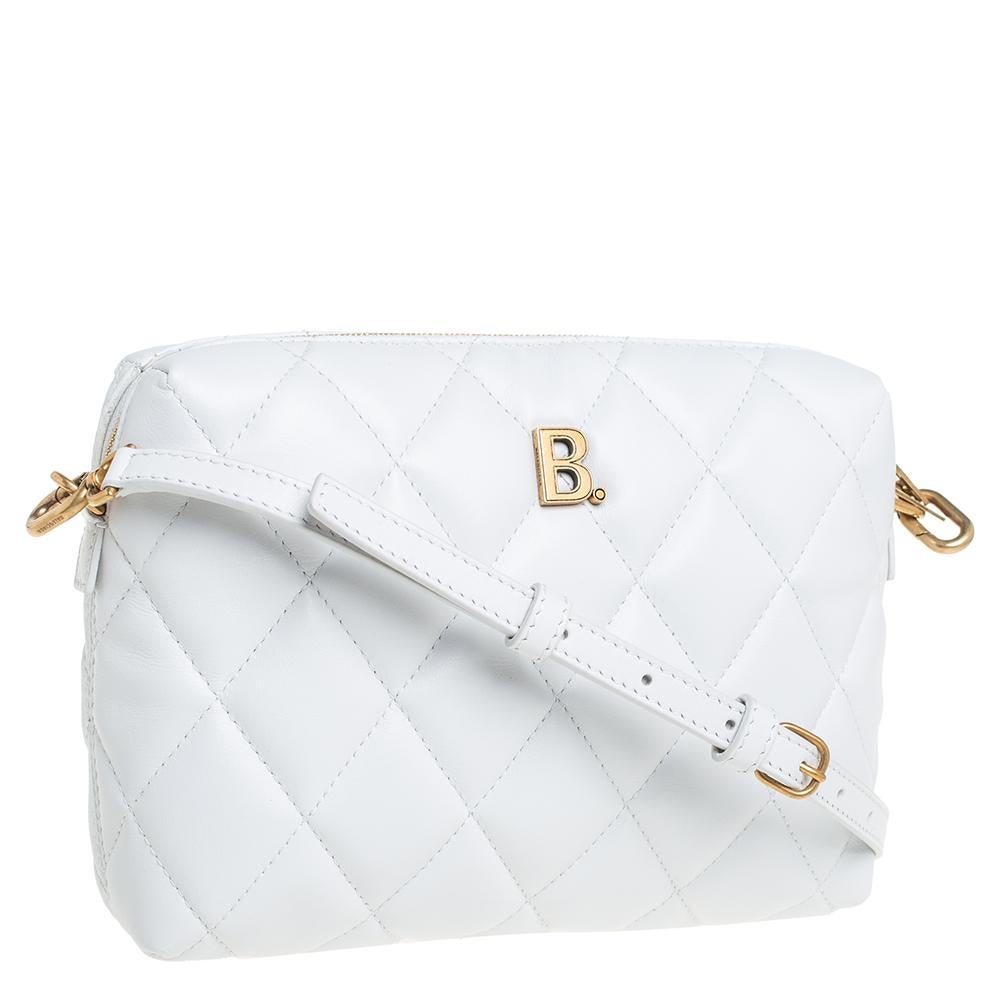 Balenciaga White Quilted Leather B Camera Crossbody Bag In Excellent Condition In Dubai, Al Qouz 2
