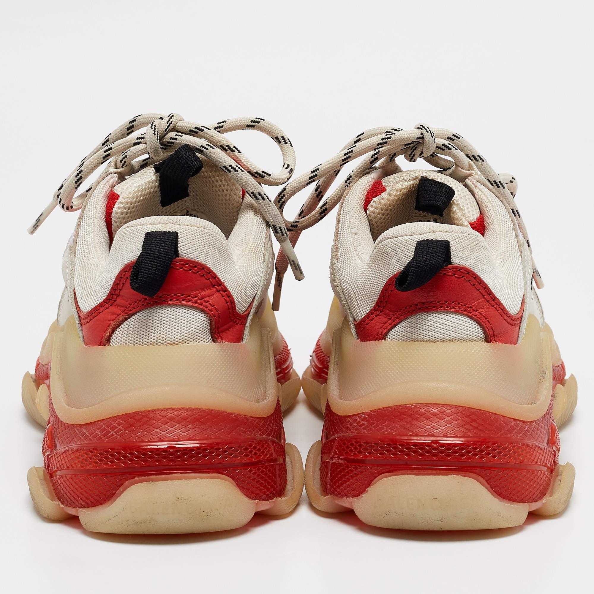 De las mujeres Balenciaga Blanco/Rojo Piel y Malla Zapatillas Triple S Suela Transparente Talla 36