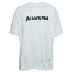 Balenciaga White Ripped Distressed Cotton Logo Print T-Shirt XS