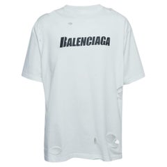 Balenciaga Maglietta bianca strappata e angosciata in cotone con stampa logo XS