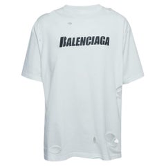 T-shirt Balenciaga blanc délavé en coton vieilli imprimé logo XS