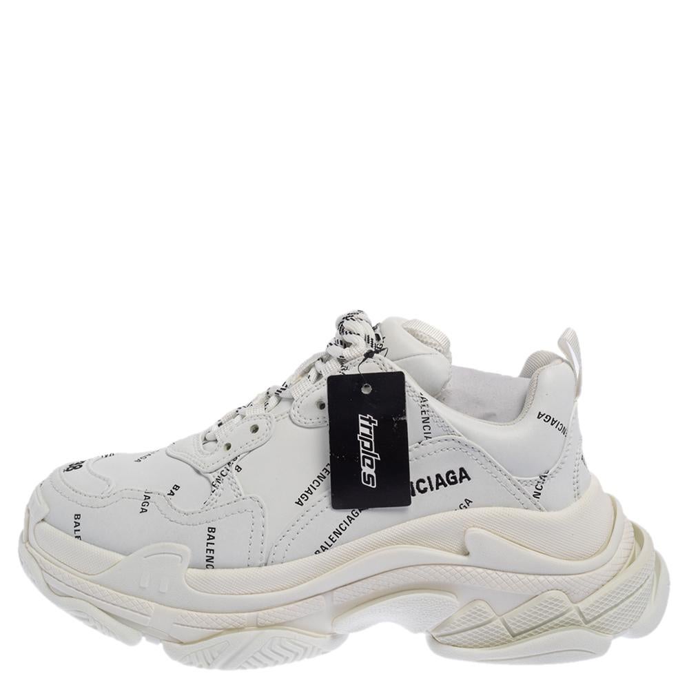 Balenciaga White Triple S All Over Logo Sneakers Size 38 In New Condition In Dubai, Al Qouz 2