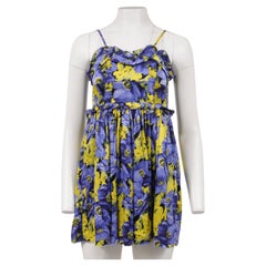 Balenciaga Mini Dress US8 FR 38 Purple Yellow Floral Print Pleated Ruffle