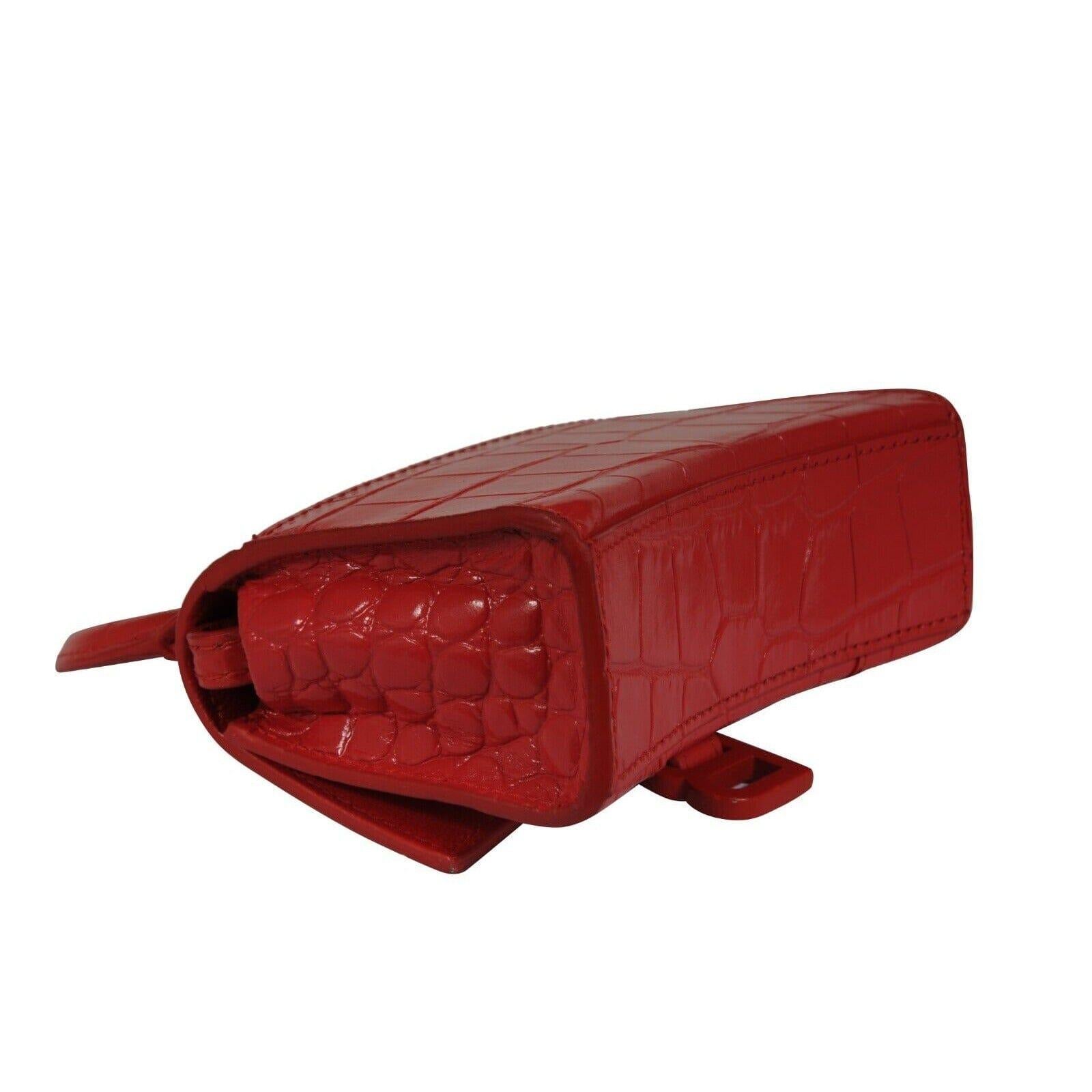 Balenciaga Women Mini Hourglasss XS Nano Bag Red Crocodile Embossed Leather en vente 8