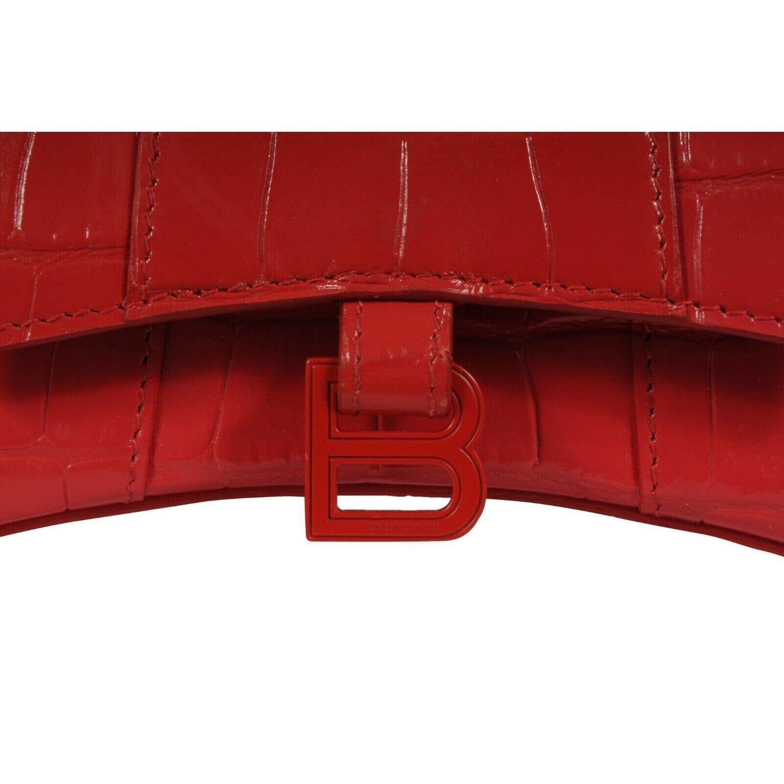 Rouge Balenciaga Women Mini Hourglasss XS Nano Bag Red Crocodile Embossed Leather en vente