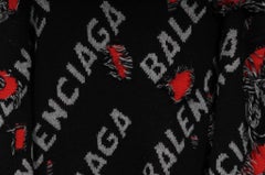 Balenciaga Womens Logo Wool Cotton Blend Distressed Sweater Black Red Pullover
