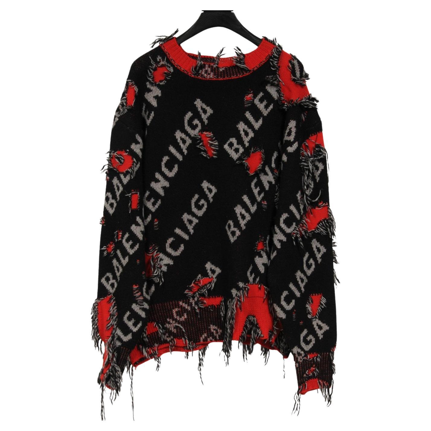 Balenciaga Womens Logo Wool Cotton Blend Distressed Sweater Black Red Pullover