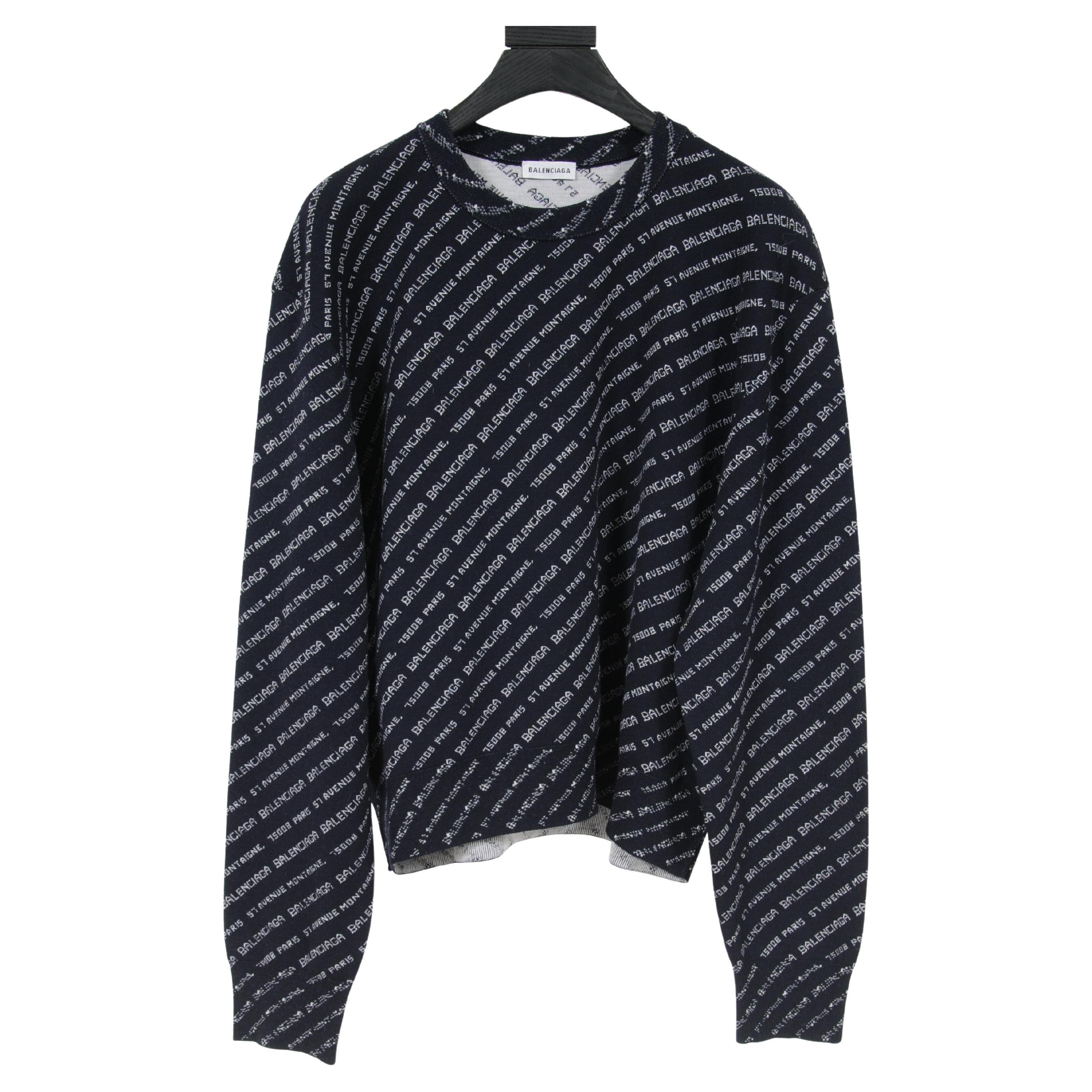 Balenciaga Womens Sweater Large 42 Blue White Logo Cropped Crew Neck Pullover