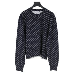Balenciaga Womens Sweater Large 42 Blue White Logo Cropped Crew Neck Pullover