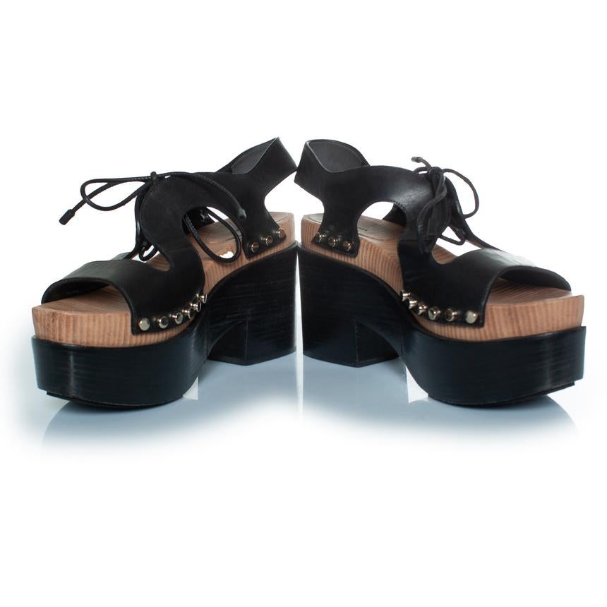 Black Balenciaga, Wooden and leather clog lace up sandals For Sale