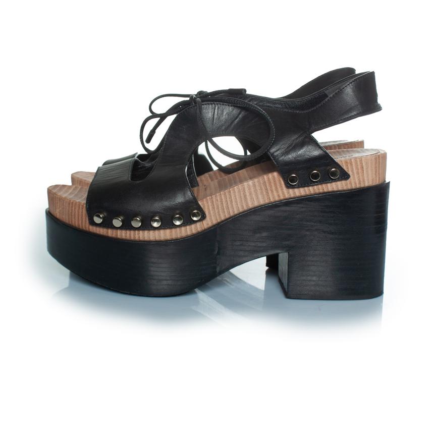 Balenciaga, Wooden and leather clog lace up sandals For Sale 1