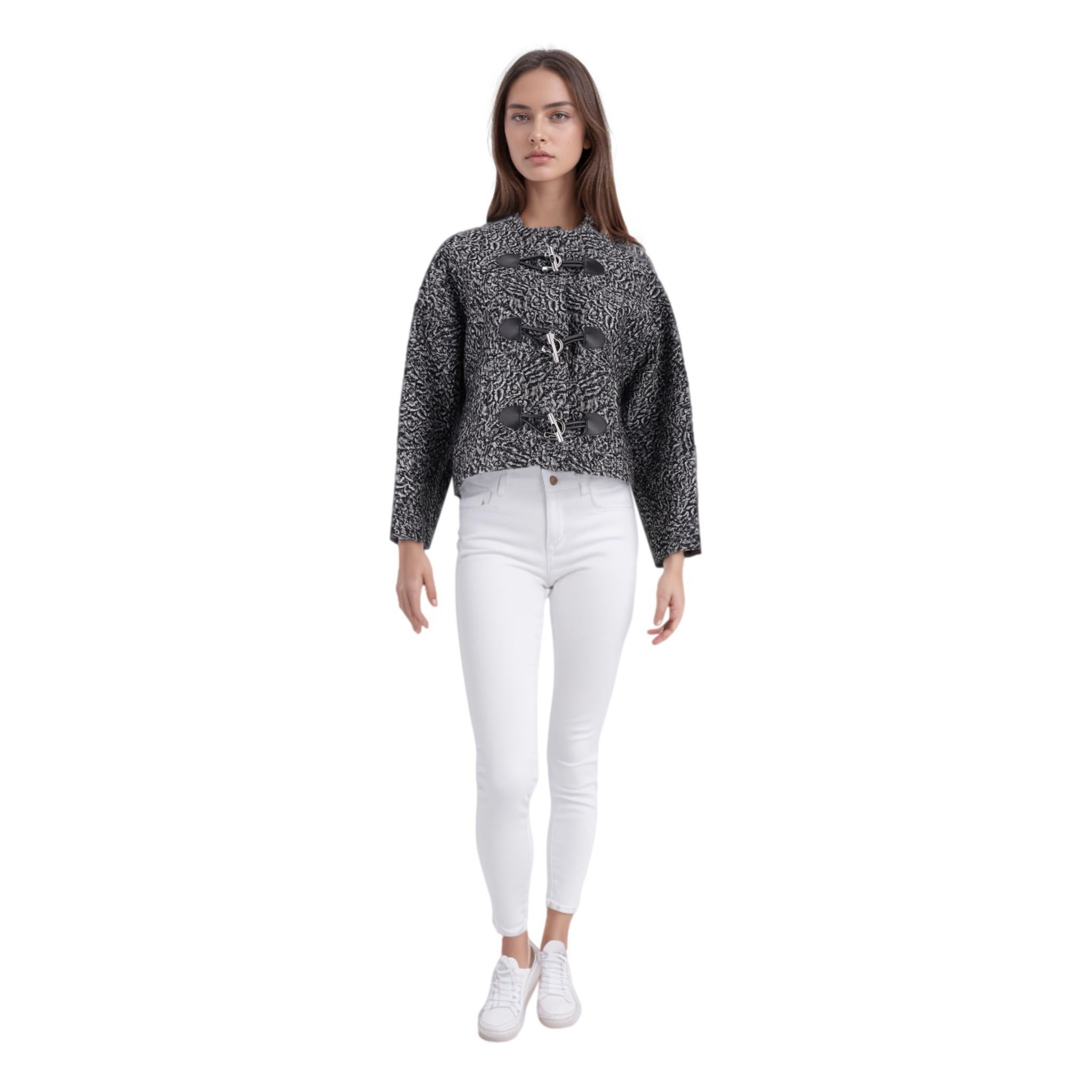 Balenciaga Wool & Silk Blend Astrakhan-Jacquard Jacket

Black jacket crafted in silver Astrakhan print jacquard.

Detailed with black leather and silver 'Balenciaga' engraved toggle closure to the centre.

Featuring cropped-fit, crew neckline and