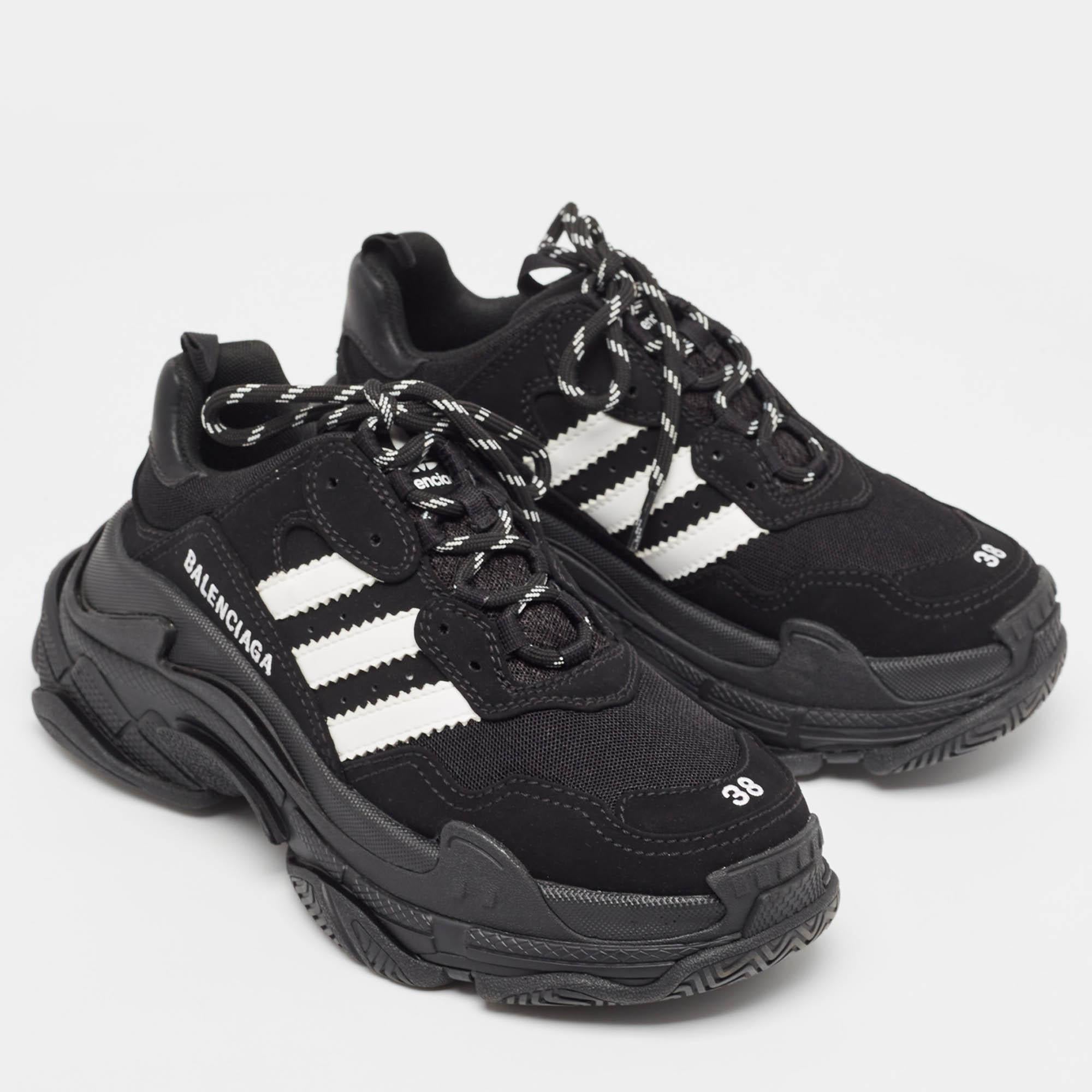 Women's Balenciaga x Adidas Black/White Faux Leather and Mesh Triple S Sneakers Size 38
