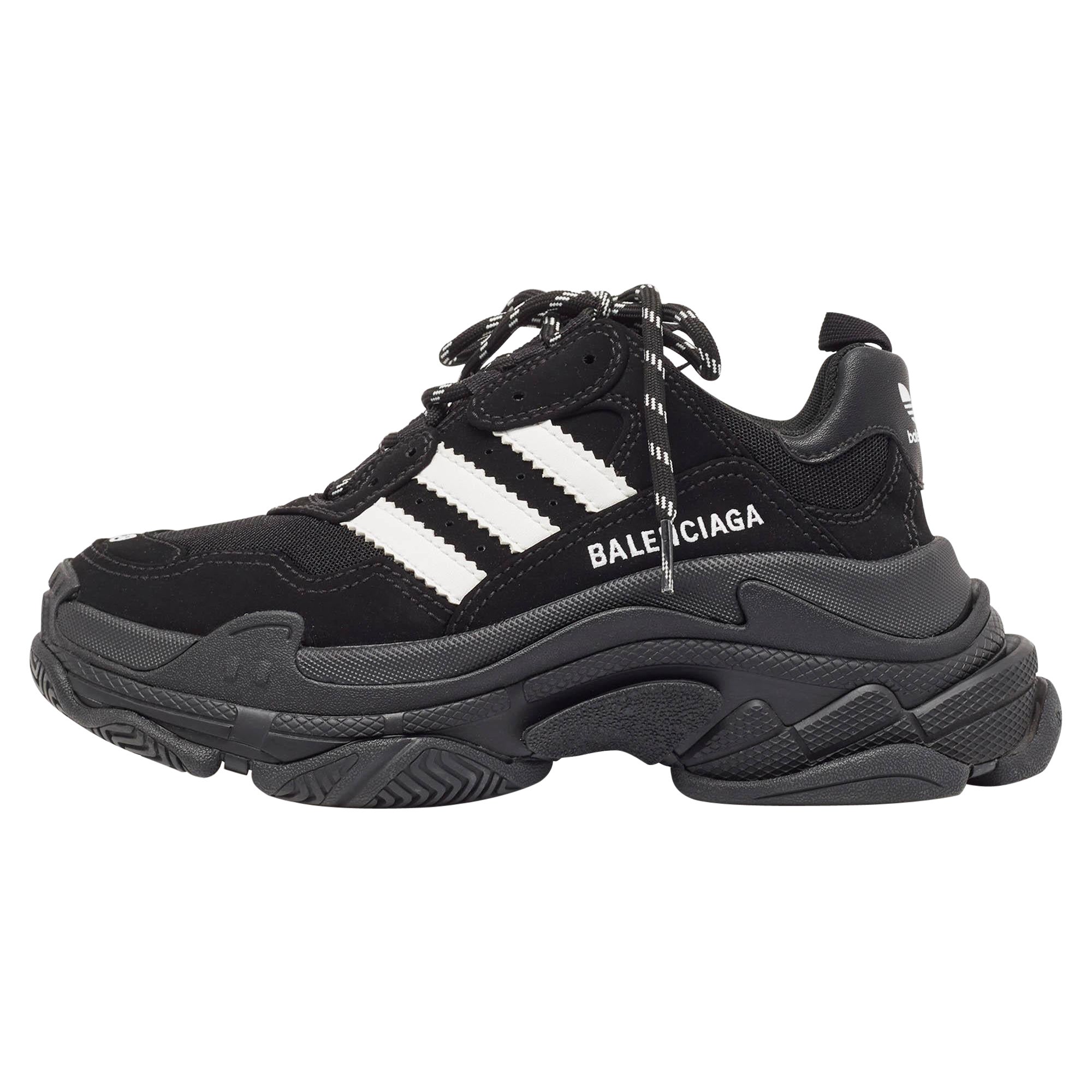 Balenciaga x Adidas Black/White Faux Leather and Mesh Triple S Sneakers Size 38