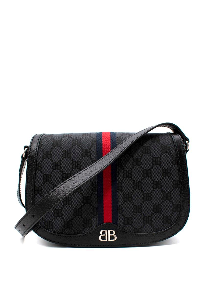 Balenciaga x Gucci Hacker Medium Black Jacquard Shoulder Bag
 
 
 
 - Balenciaga Spring '22 The Hacker Project in collaboration with Gucci
 
 - Black and dark grey canvas jacquard with signature Gucci webbed embellishment
 
 - Aged silver BB