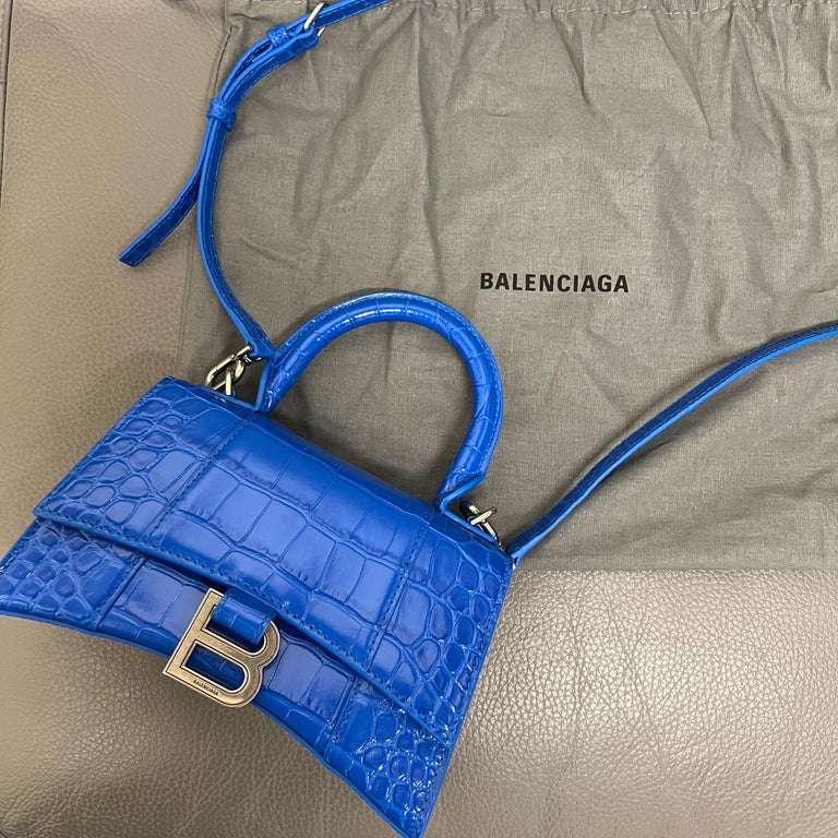 Balenciaga XS Hourglass Croc Embossed Leather Top Handle Ladies Blue ...