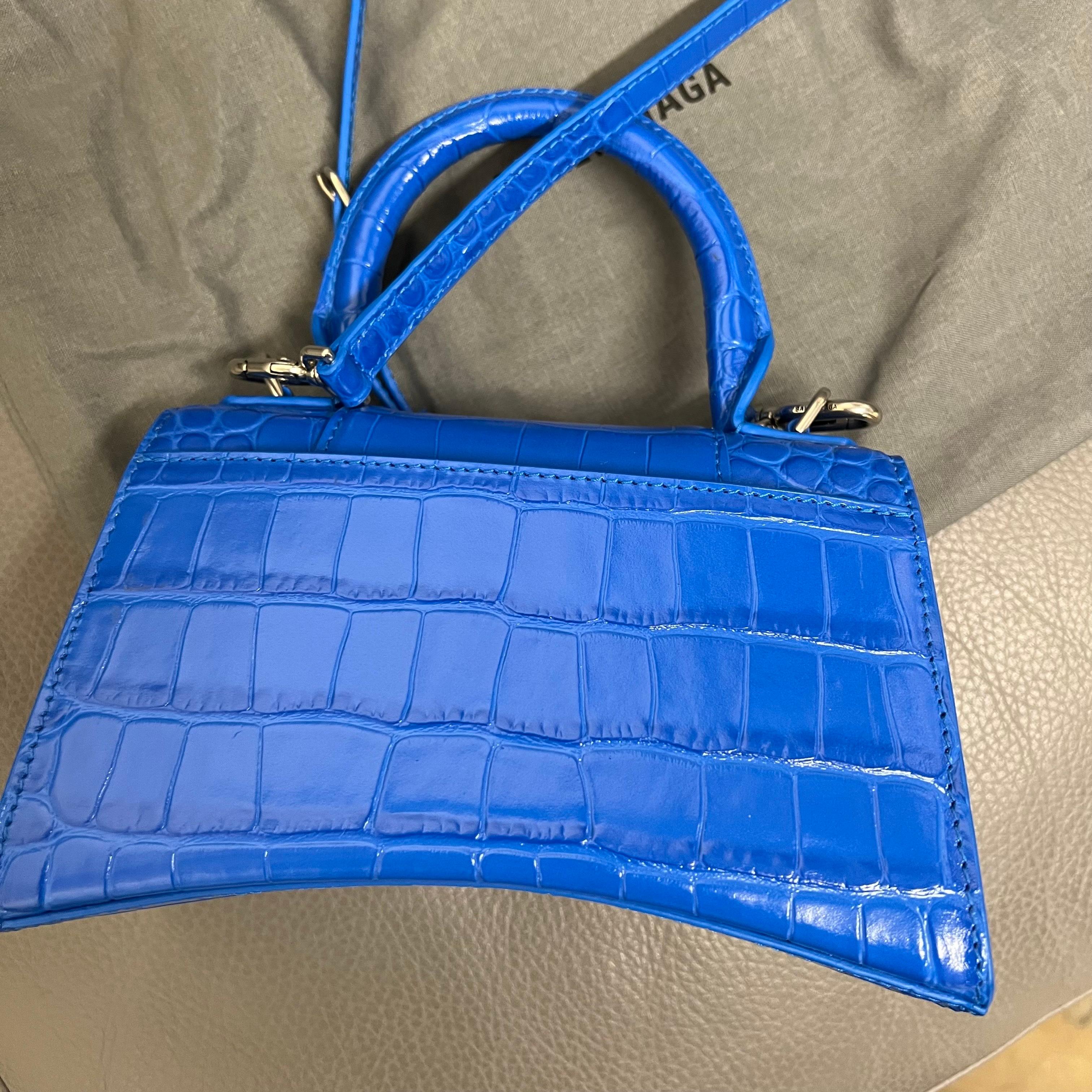 Balenciaga XS Hourglass Croc Embossed Leather Top Handle Ladies Blue Bag In Excellent Condition In New York, NY