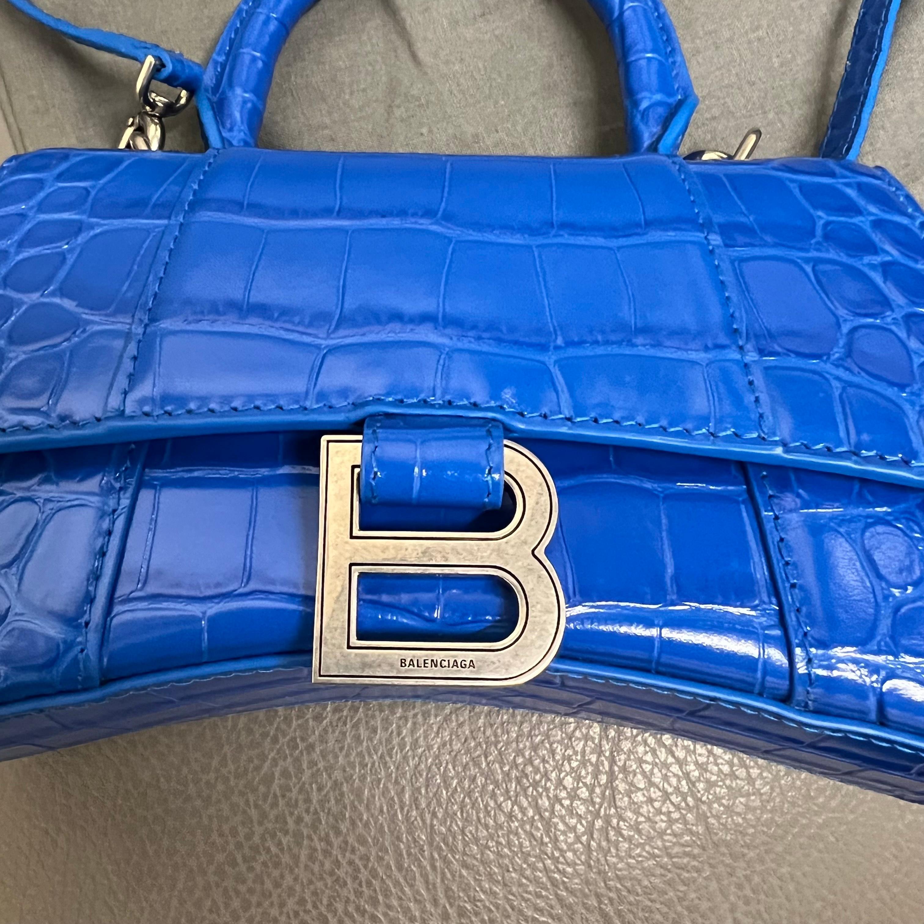 Women's Balenciaga XS Hourglass Croc Embossed Leather Top Handle Ladies Blue Bag