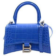 Balenciaga XS Hourglass Croc Embossed Leather Top Handle Ladies Blue Bag