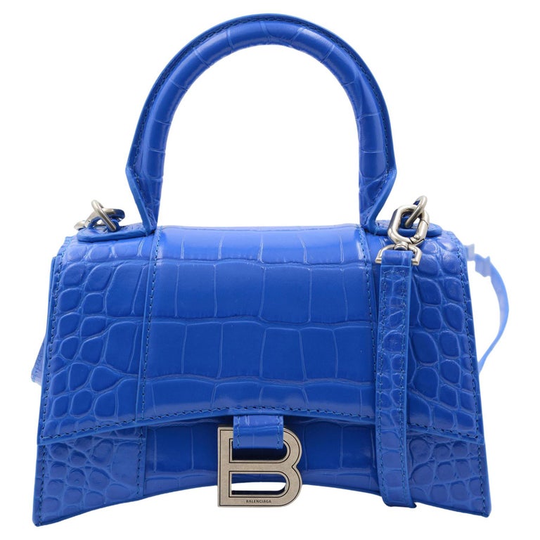 Balenciaga XS Hourglass Croc Embossed Leather Top Handle Ladies Blue Bag at  1stDibs