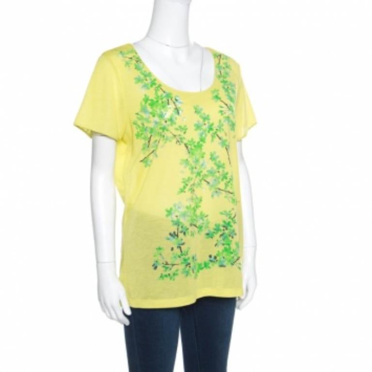Camiseta estampada con recorte floral amarillo y verde Balenciaga M Verde en venta
