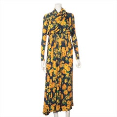 Balenciaga Gelb Floral Rayon Langarm Maxi Kleid Marineblau