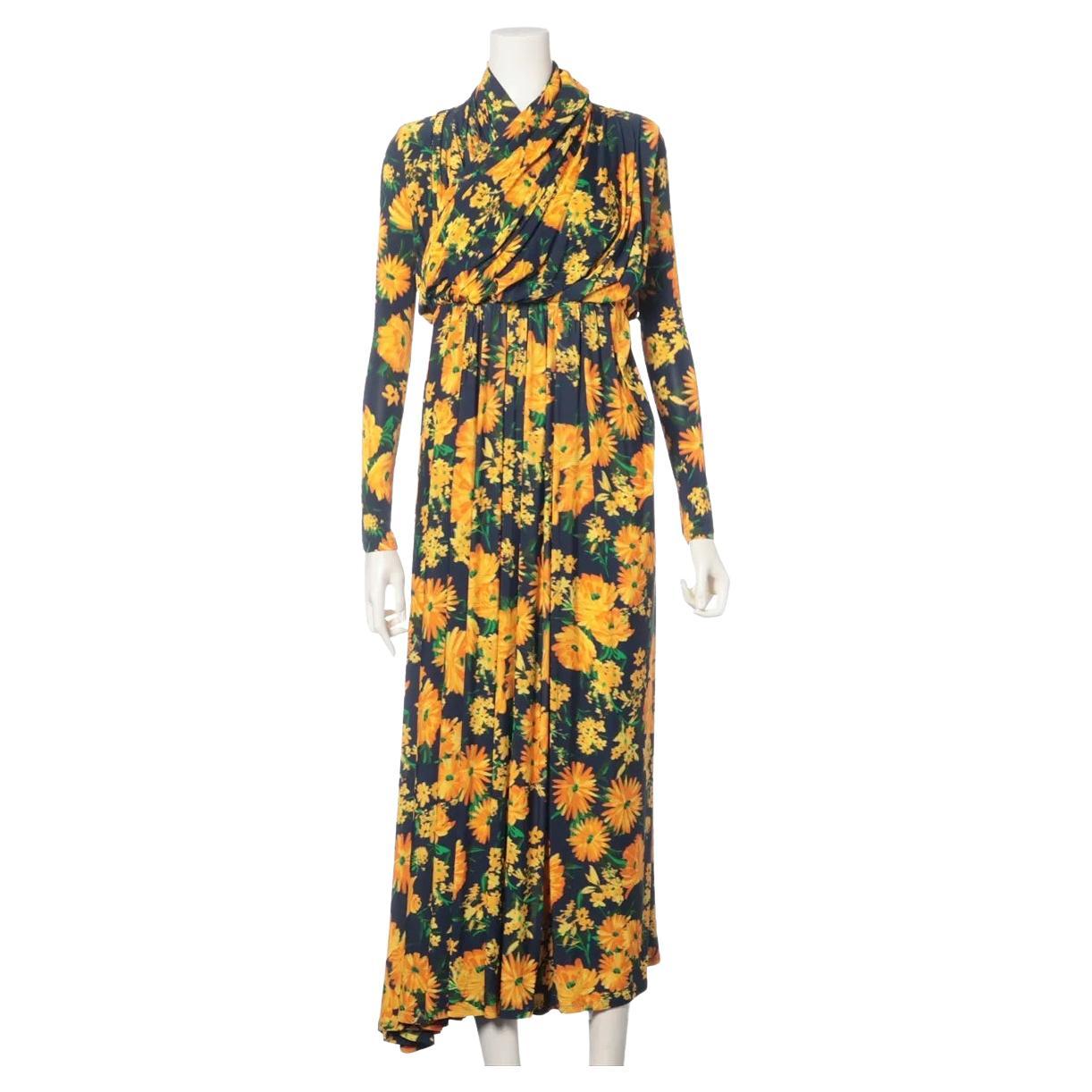 Balenciaga Yellow Floral Rayon Long Sleeve Maxi Dress Navy Blue en vente
