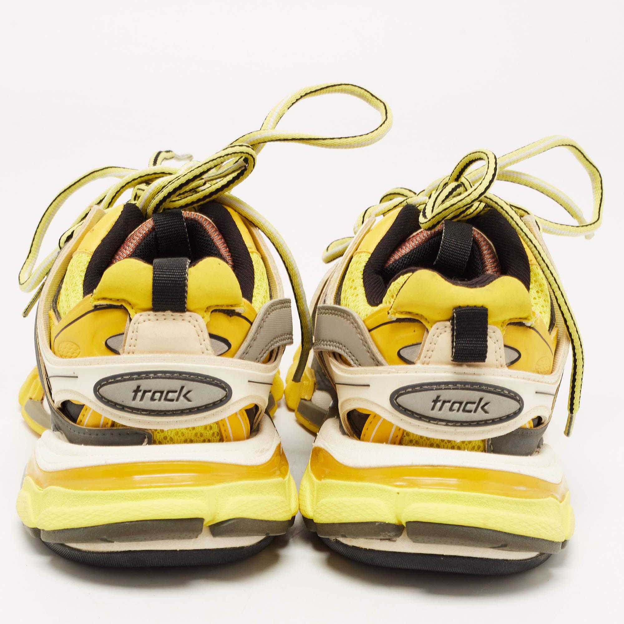 Balenciaga Yellow/Grey Leather and Mesh Track Sneakers Size 37 In Good Condition In Dubai, Al Qouz 2