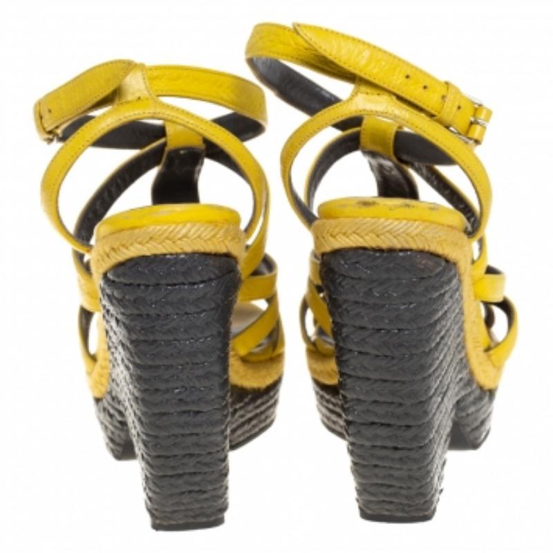 Balenciaga Yellow Leather Wedge Ankle Strap Sandals Size 38 In Fair Condition For Sale In Dubai, Al Qouz 2