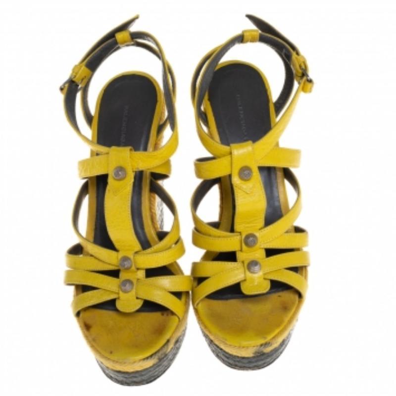 Women's Balenciaga Yellow Leather Wedge Ankle Strap Sandals Size 38 For Sale