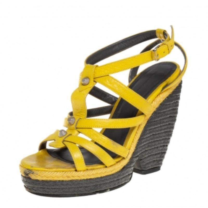 Balenciaga Yellow Leather Wedge Ankle Strap Sandals Size 38 For Sale 2