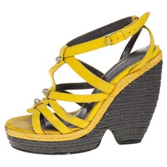 Balenciaga Yellow Leather Wedge Ankle Strap Sandals Size 38