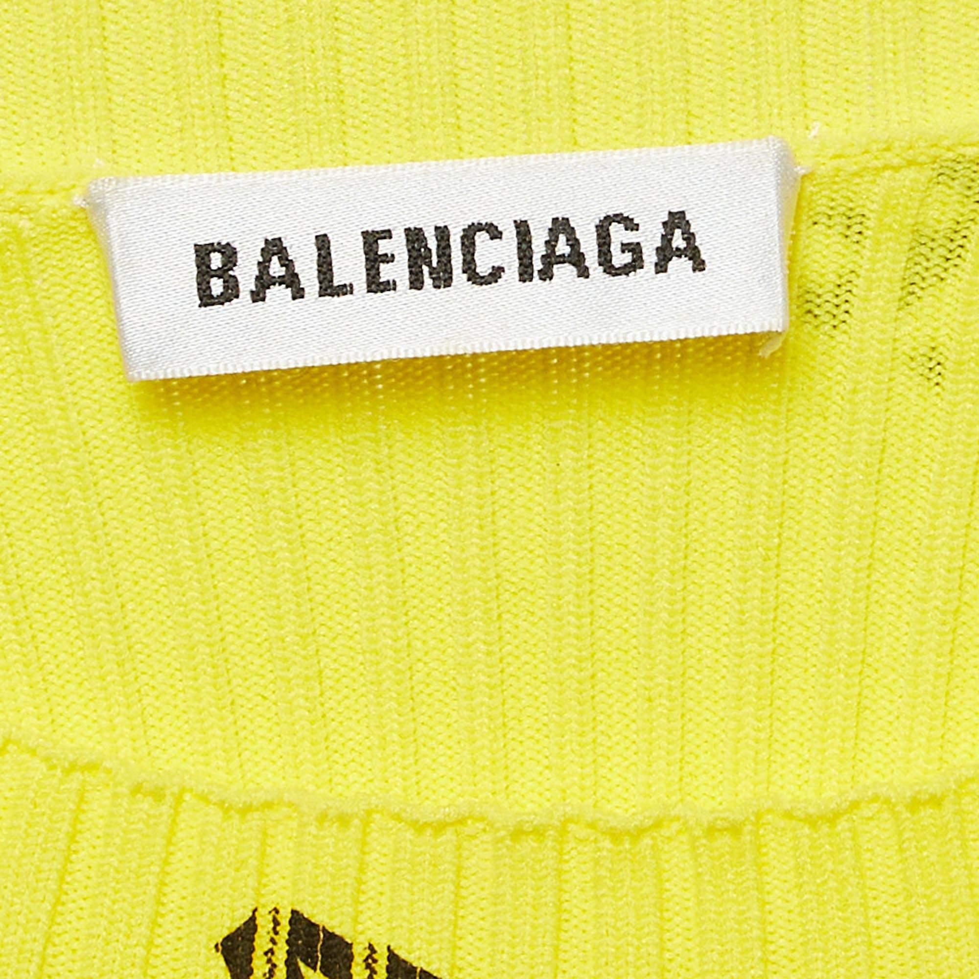 Balenciaga Top a manica intera con stampa logo giallo e maglia a coste M. I. In condizioni buone in vendita a Dubai, Al Qouz 2