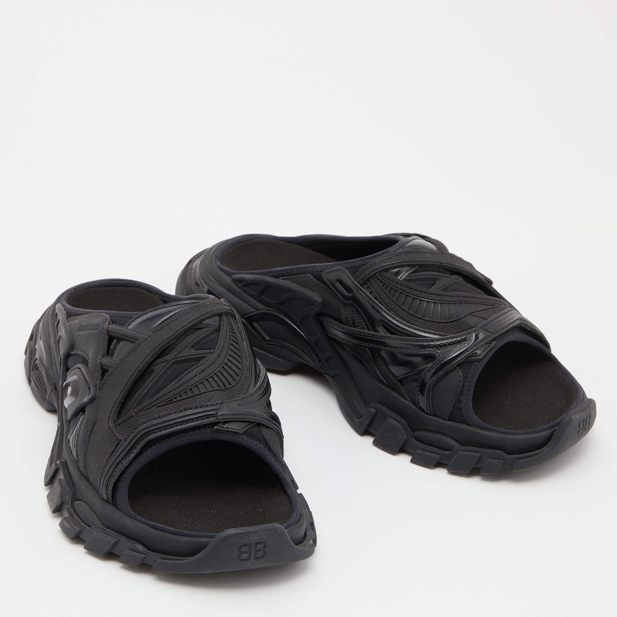 Men's Balenicaga Black Neoprene and Leather Track Slide Sandals Size 40