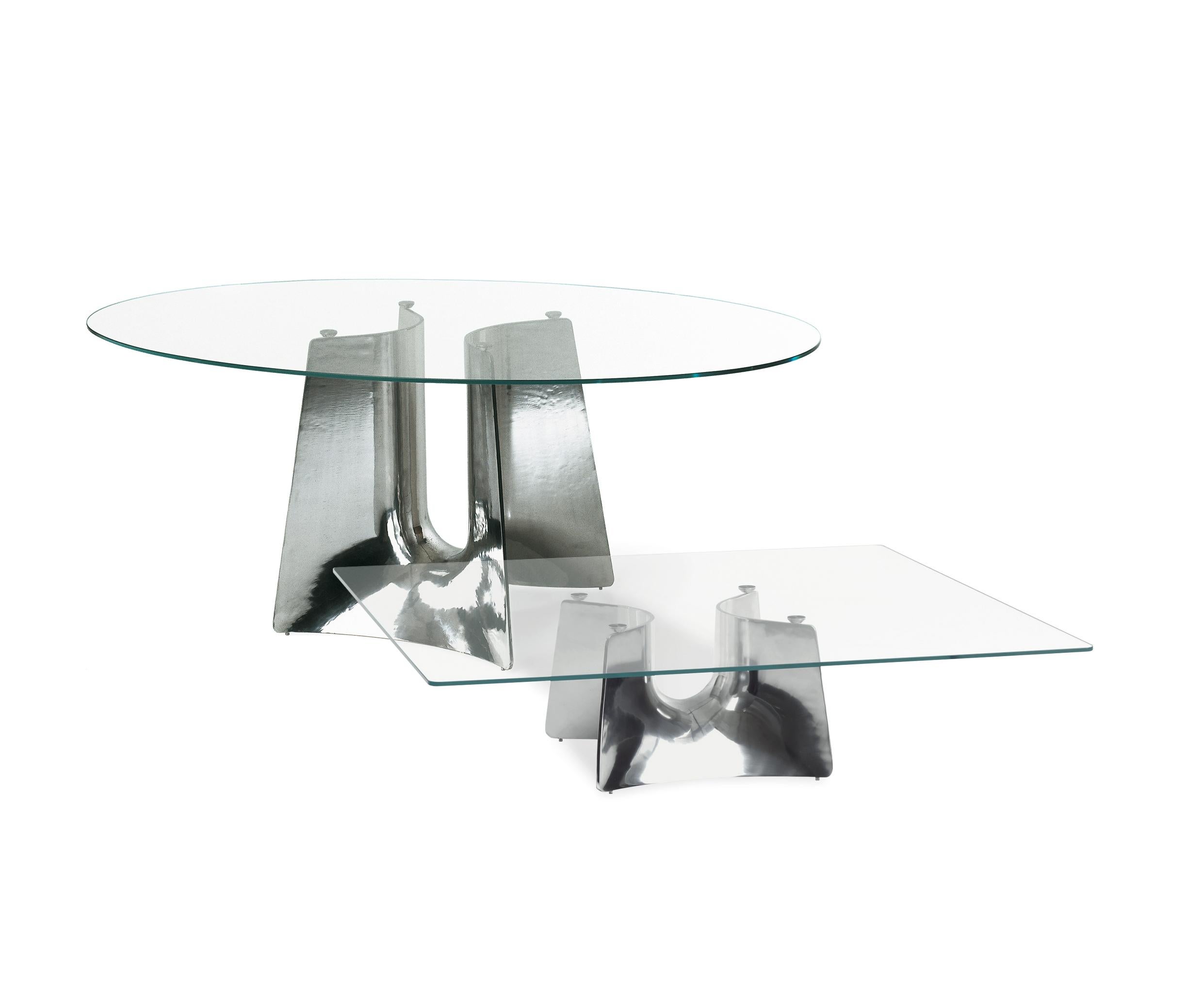 Baleri Italia, Tisch aus gebogenem, elliptischem Aluminium mit Glasplatte aus Bentz von Jeff Miller (Moderne) im Angebot